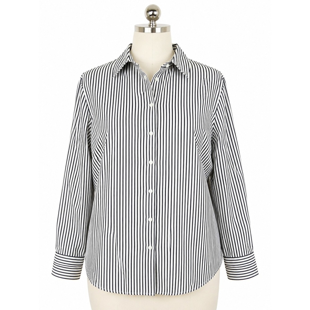 Lauren Ralph Lauren Womens 1X Blue White Striped Cotton Button Front Shirt